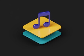 A 3D rendered music note icon sits atop vibrant yellow and teal squares against a dark background.