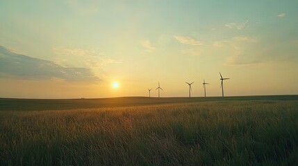 Obraz premium Serene Sunset Over Green Fields and Wind Turbines in a Rural Landscape, Capturing the Essence of Renewable Energy and Nature's Beauty