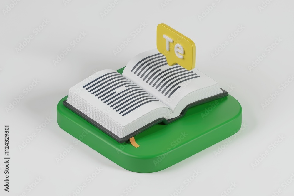 Aufkleber 3d rendering of an open book with a speech bubble saying 'te', representing learning or reading.