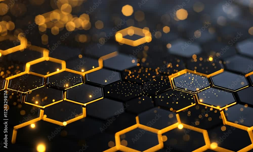 Poster abstract honeycomb pattern with glowing edges.