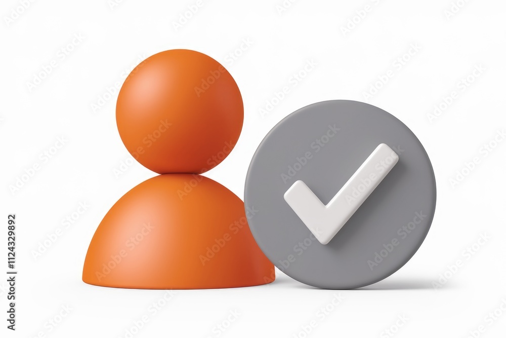 Poster 3D render of an orange user icon with a grey checkmark signifying approval or verification.