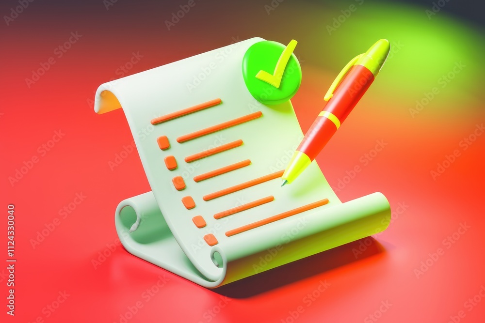 Aufkleber A 3D rendering of a checklist with a pen, signifying task completion and organization.