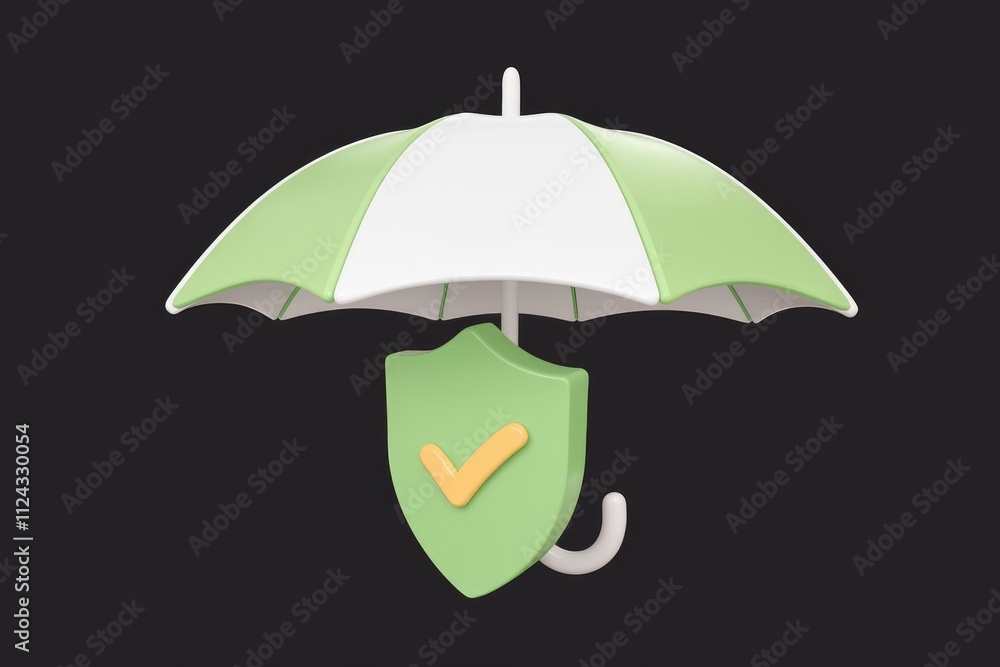 Poster green umbrella shielding a checkmark on a green shield, symbolizing protection and security.