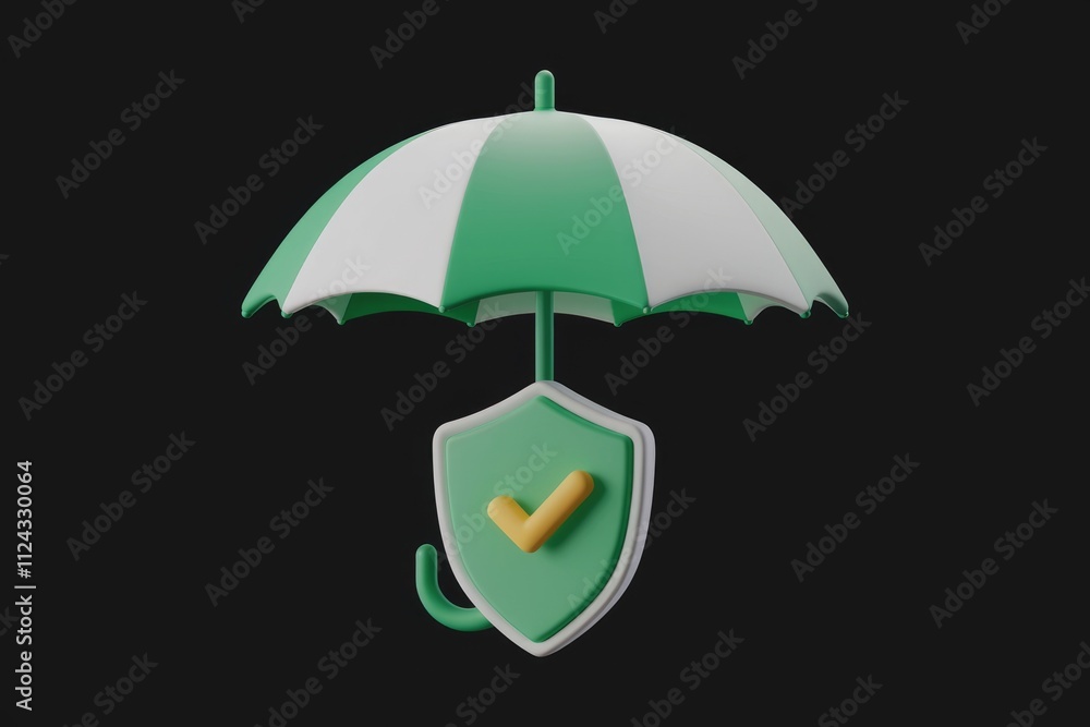 Poster green umbrella shielding a checkmark on a shield, symbolizing protection and security.