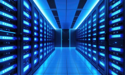 Fototapeta premium It infrastructure data center with glowing blue servers in a modern facility