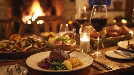 Cozy Christmas DinnerScene, Dining Table bathed in Warm Ambient Lighting, Piled with Sumptuous Fare, Fireplace Crackle Adding to Intimate Ambiance. 