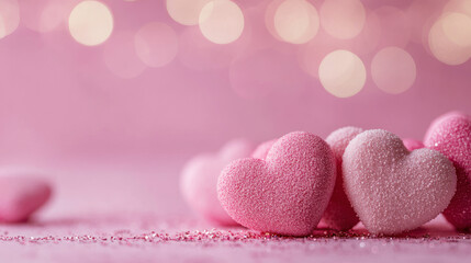 Fototapeta premium Hearts on a pink background with bokeh. Greeting card, Valentine's Day concept.