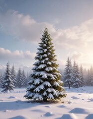 Fototapeta premium snow-covered christmas tree in a winter landscape, frosty scene, calm and quiet, winter magic
