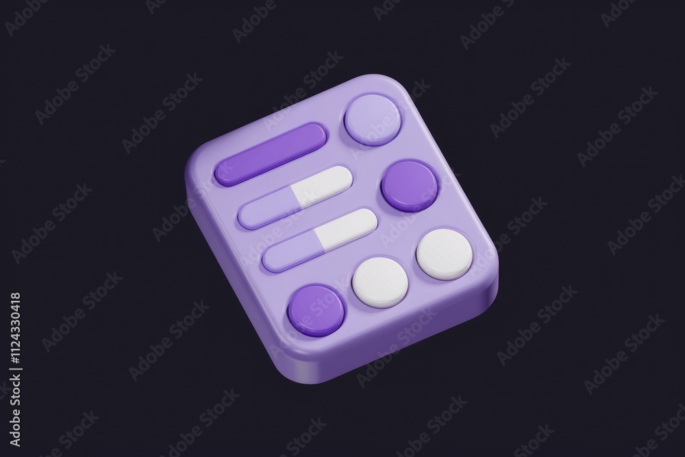 Poster A 3D rendered image of a purple control panel with various buttons and sliders.