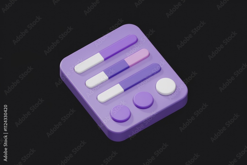 Poster 3D render of a purple control panel with sliders and buttons, suggesting settings or adjustments.