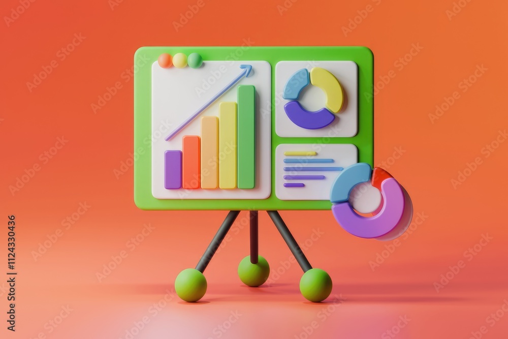 Aufkleber A colorful 3D rendering of a presentation board displaying various charts and graphs, indicating growth and data visualization.