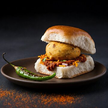 A detailed view of Mumbai&rsquo;s famous Vada Pav with its crispy vada, toasted pav buns, green chutney, and a side of fried green chilies, capturing the heart of Indian street food