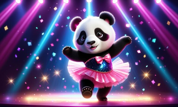 Adorable panda in pink tutu dancing under colorful stage lights