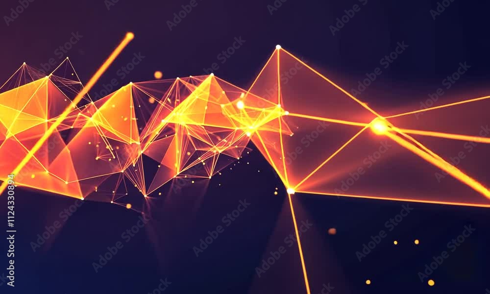 Poster Abstract orange glowing plexus network with interconnected nodes and lines on dark background.
