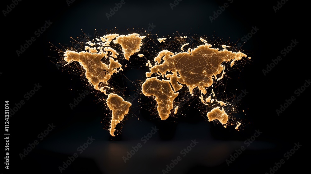 Poster a luminous golden world map is depicted against a stark black backdrop, its continents outlined with