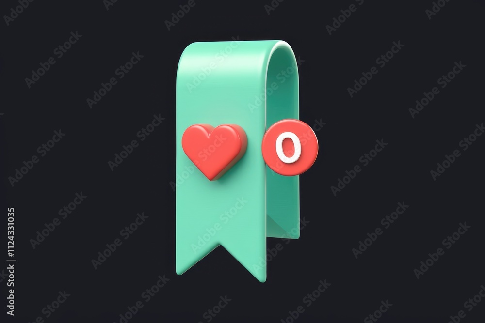 Poster 3D render of a teal bookmark with a red heart and zero notification.