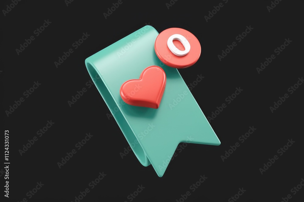 Poster Teal bookmark with a red heart and zero notification count, 3D render.