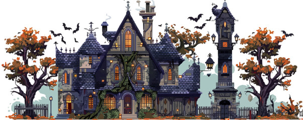 Obraz premium Design pixel art of a spooky haunted house, pixel art on white isolated background, vector design.