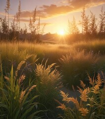 Soft golden light filters through the tall grasses of a serene meadow at sunset, landscape, wheat, natural