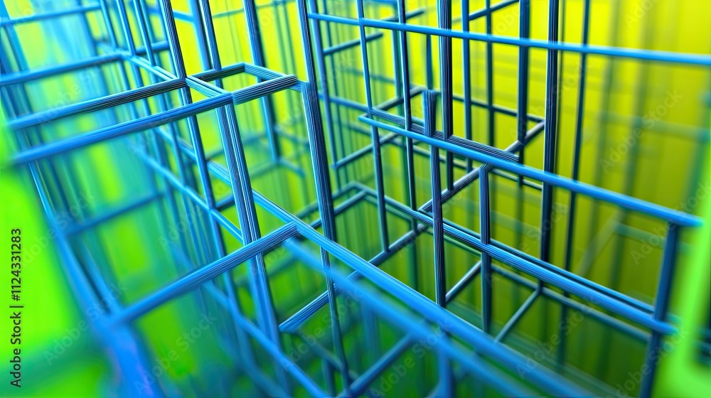Aufkleber abstract 3d wireframe structure with blue lines in a gradient yellow background, symbolizing technol