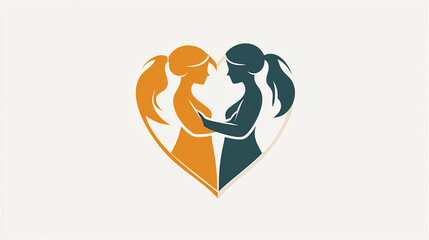 Valentine's Day and LGBTQ concept. Two green and yellow women stand together on a yellow background and heart shape. Love is love. Generative AI.