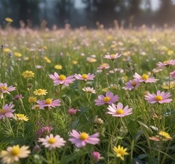 Fototapeta premium Soft pink and yellow wildflowers sway in the breeze, their delicate petals shimmering with dew in a serene meadow, soft pink flowers, green meadow