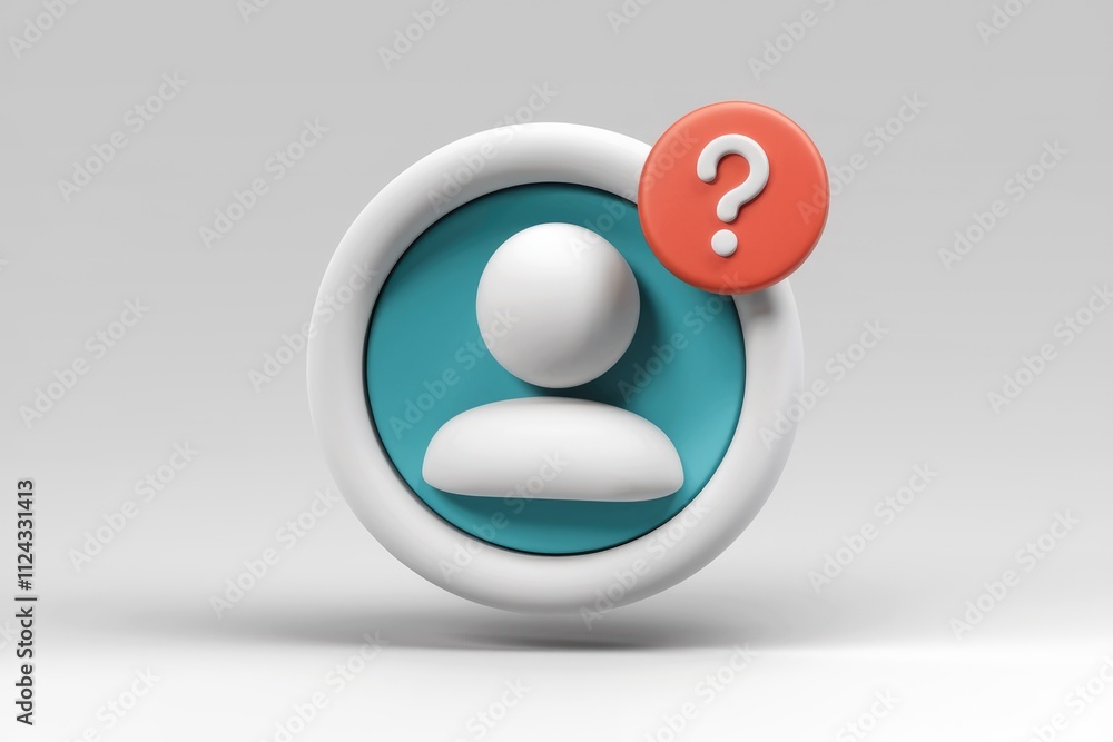 Poster 3D render of a user profile icon with a question mark notification indicating user inquiry or help needed.