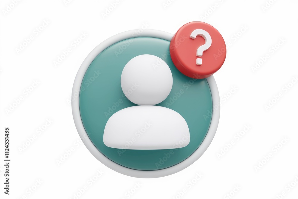 Poster 3D render of a user profile icon with a question mark notification indicating user inquiry or help needed.