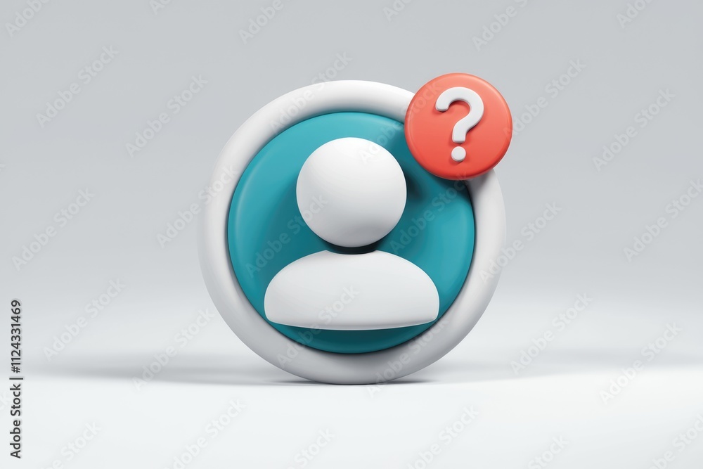 Poster 3D illustration of a user profile with a question mark, signifying user inquiry or help needed.