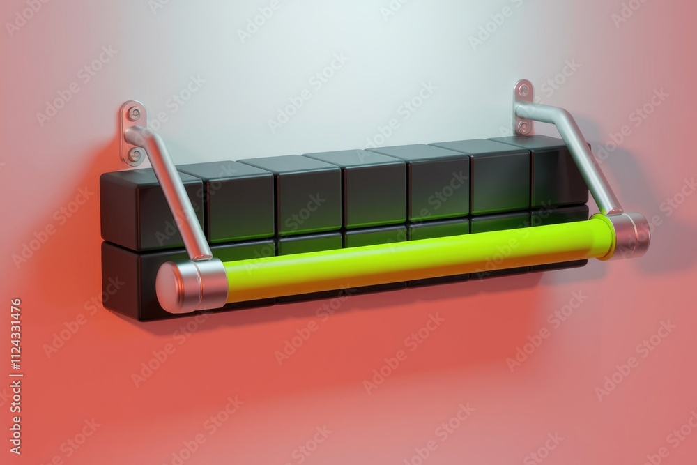 Poster A minimalist shelf with a lime green bar, mounted on a wall of black cubes.