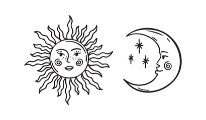 Moon and sun faces outline, set of beautiful mystical cartoon doodle elements, sunshine and crescent cosmic symbols. Sun and moon whimsical boho style