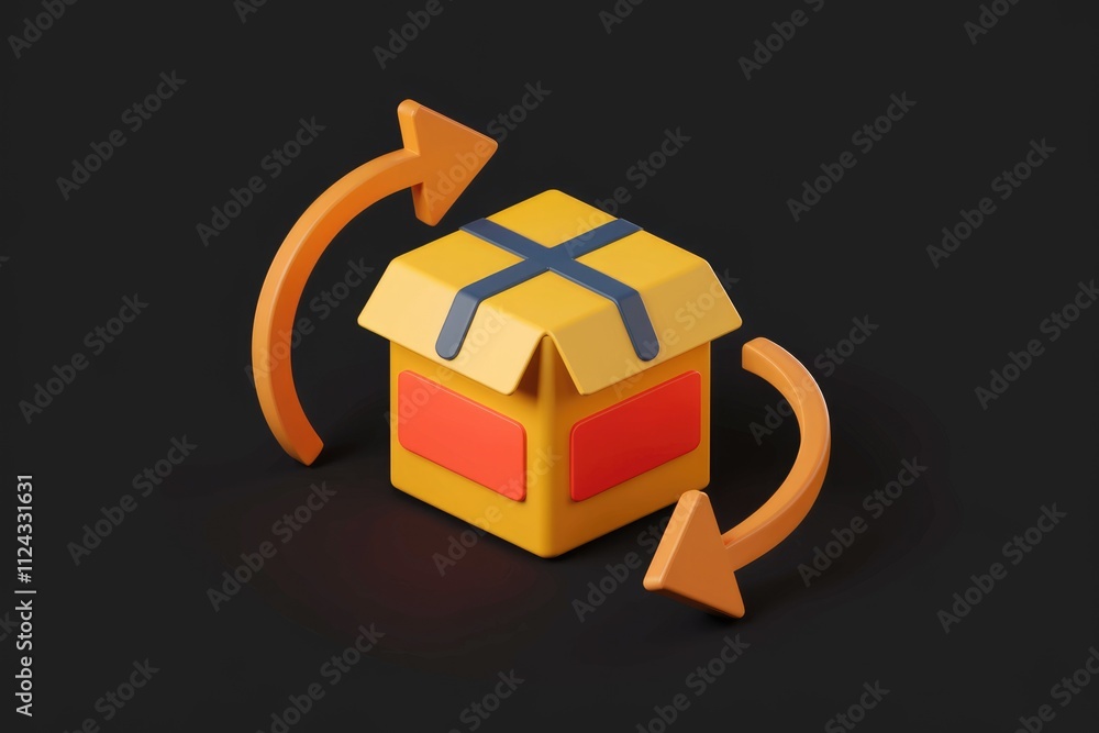 Poster 3D rendering of a yellow box with circular arrows indicating return or exchange.