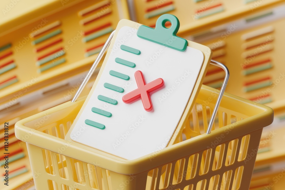 Poster a checklist with a red cross mark inside a yellow shopping basket, signifying canceled or rejected o