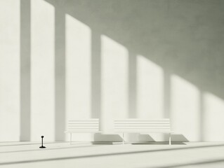 Fototapeta premium Monochrome Minimalism Sunlit Courtroom with Empty Benches and Gavel