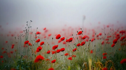 Wildflowers barely visible in thick mist covering open fields.