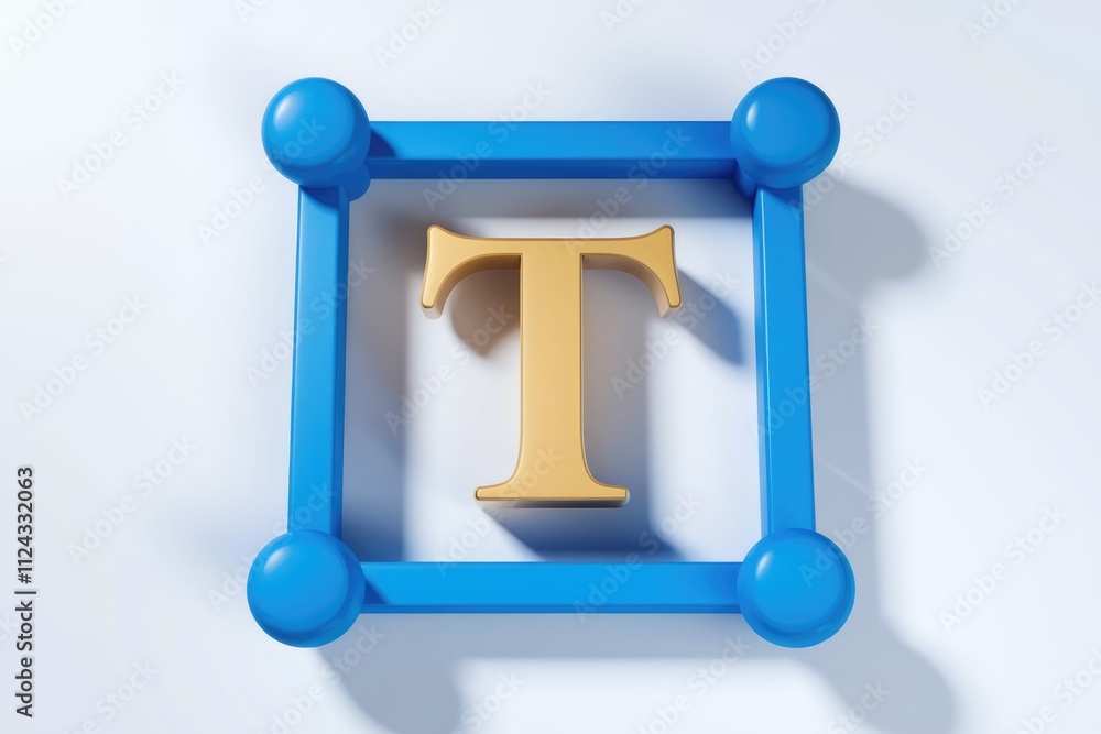Poster a golden uppercase t letter inside a blue square frame, simple 3d rendering.