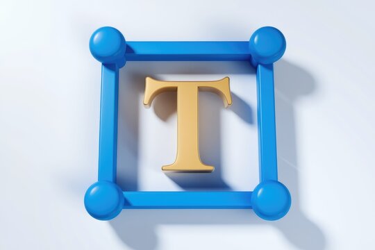 A golden uppercase T letter inside a blue square frame, simple 3D rendering.