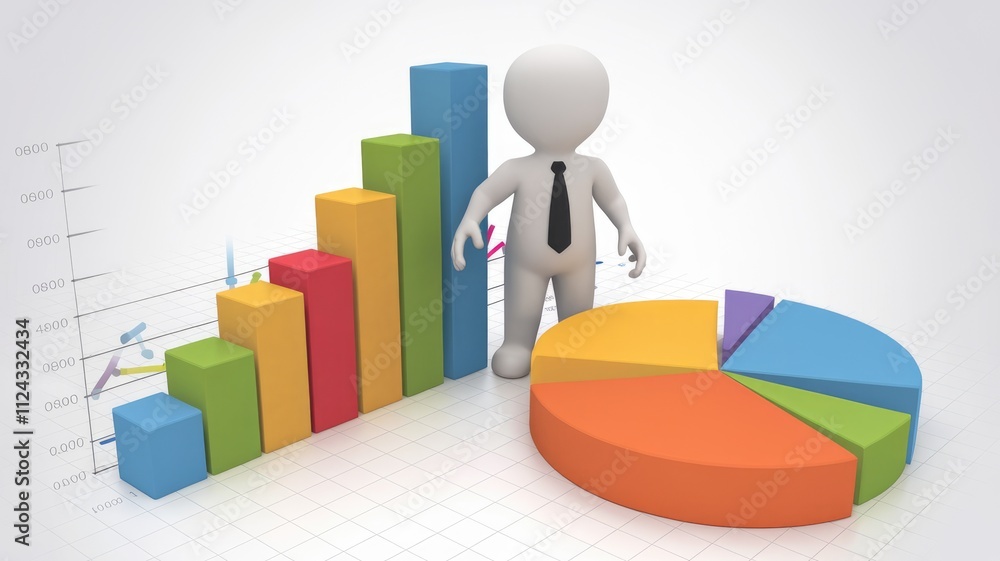 Poster 3D rendering of a businessman standing beside bar and pie charts, visualizing business growth and data analysis.