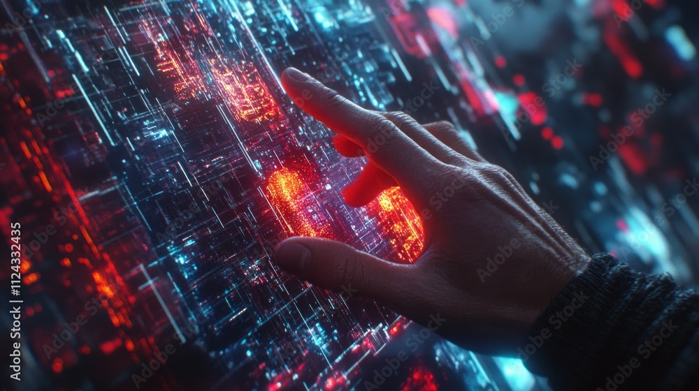 Poster a hand reaches out to touch a vibrant, glowing digital interface filled with intricate patterns and 