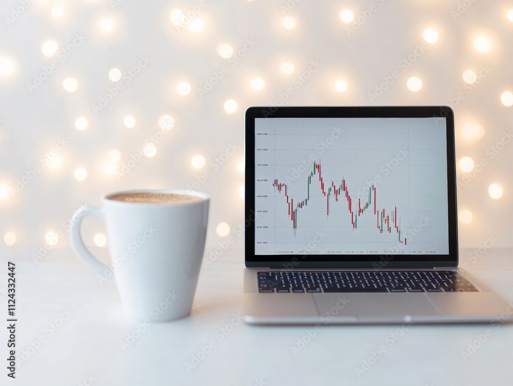 Poster Minimalistic Workspace with Laptop Displaying Currency Graph and Coffee Cup in Soft Lighting