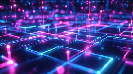 Obraz premium A 3D render of a futuristic, abstract scene with a black background, glowing blue and pink neon lights.
