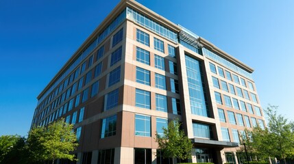 Modern Corporate Building with Glass Windows and Clear Blue Sky, Surrounded by Green Trees in an Urban Business District, Highlighting Contemporary Architecture