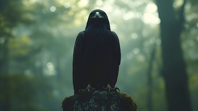 mysterious eagle perched on a rock, its silhouette highlighted against the ethereal mist of a dense forest. A captivating scene of nature’s beauty and enigma. - Powered by Adobe