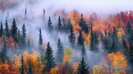 A serene autumn landscape showcasing colorful foliage and mist-enveloped evergreens, evoking tranquility and nature's beauty.