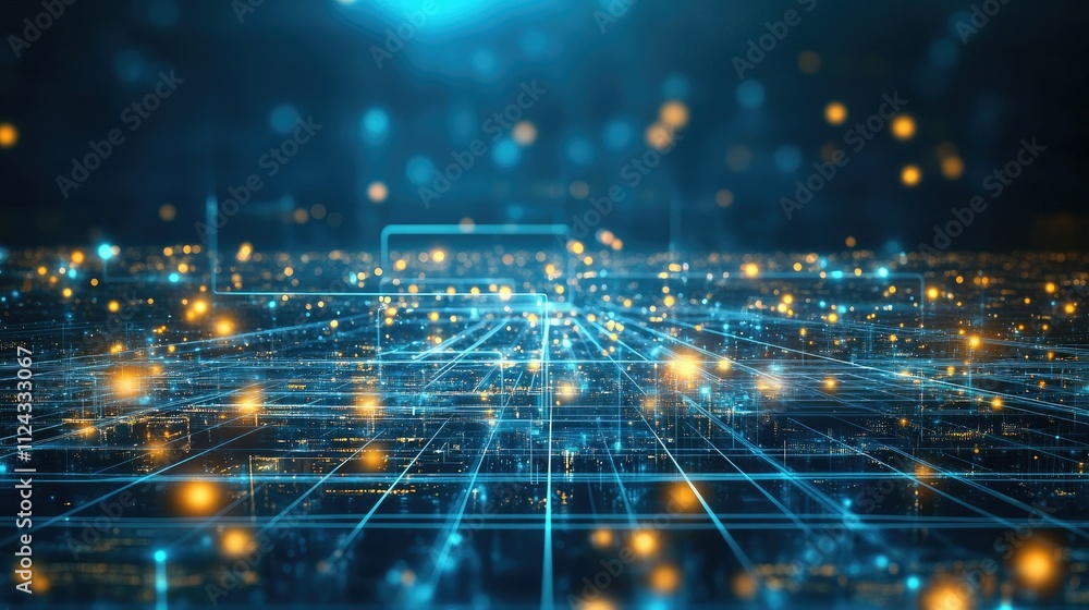 Poster abstract digital landscape with glowing lights and interconnected lines representing technology, dat