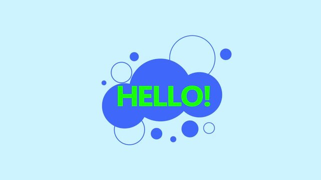 Text HELLO animated on colorful speech bubble animated on black background.