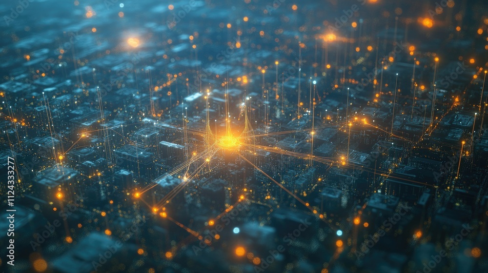 Poster aerial view of a futuristic urban landscape showcasing bright data points connected by lines of ligh
