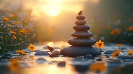 Obraz premium A vibrant springtime setting with a sparkling river and carefully stacked stones, surrounded by blooming wildflowers and chirping birds, creating a harmonious connection to nature