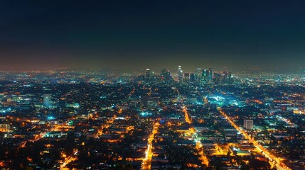 Fototapeta premium Breathtaking Night View of Los Angeles Skyline with Glittering City Lights and Urban Landscape Captured from a High Perspective in Clear Weather