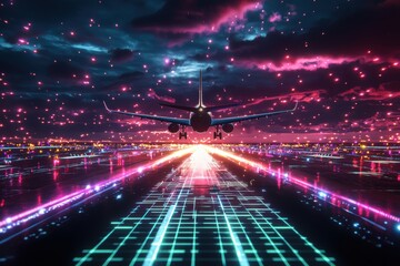 Obraz premium A vibrant scene of an airplane landing amidst a dazzling display of colorful lights and a starry night sky.